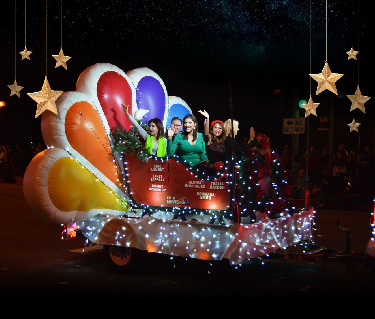 Illuminated sleigh float in the Palm Springs Festival of Lights Parade