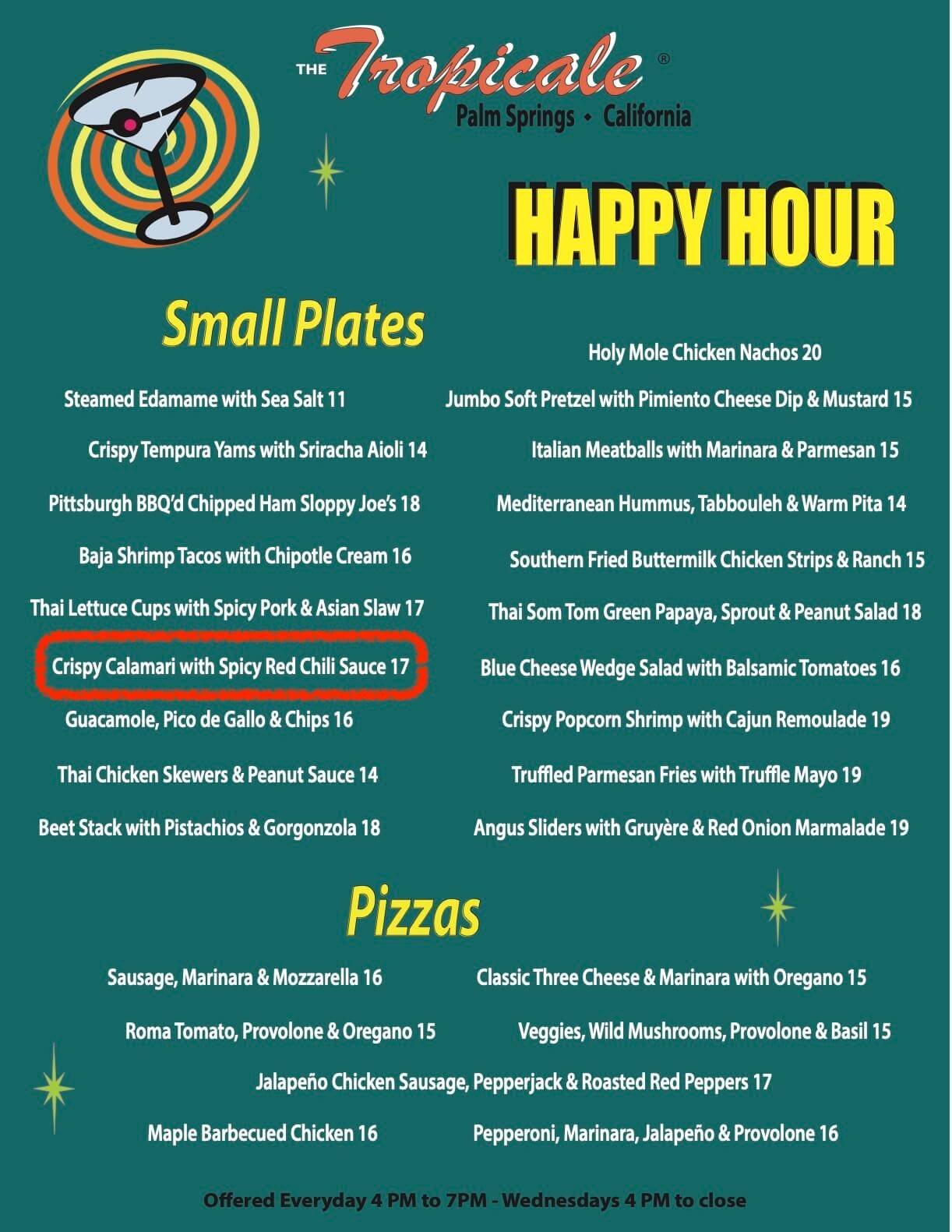 Tropicale happy hour menu from the original Tropicale Palm Springs: Secrets & Tips from Locals guide