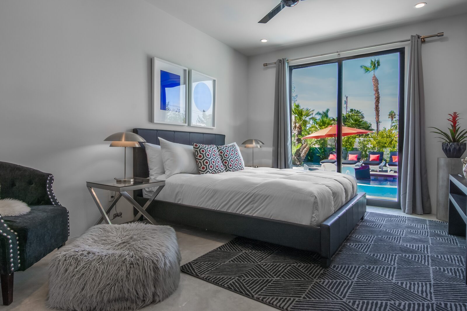 5 Palms Estate guest bedroom with pool view