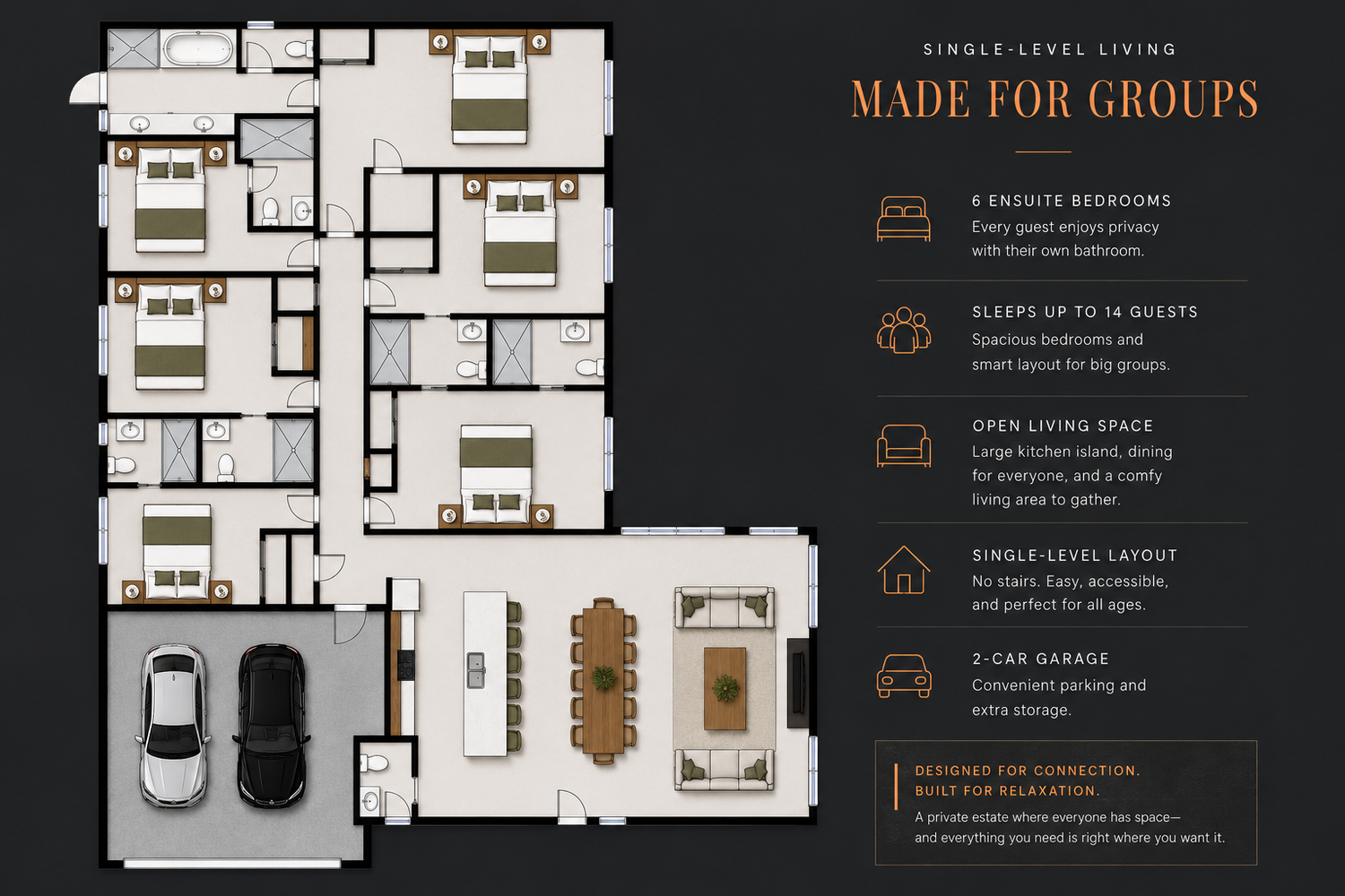 Floor plan of 5 Palms Estate showing six bedroom suites around the central great room, kitchen, dining area, pool, spa, and outdoor spaces